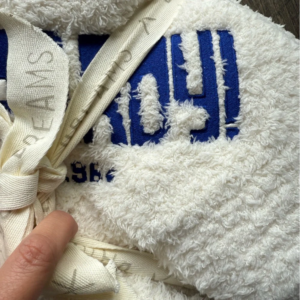 NWT Jeopardy! Barefoot Dreams Cream Throw Blanket Blue Lettering